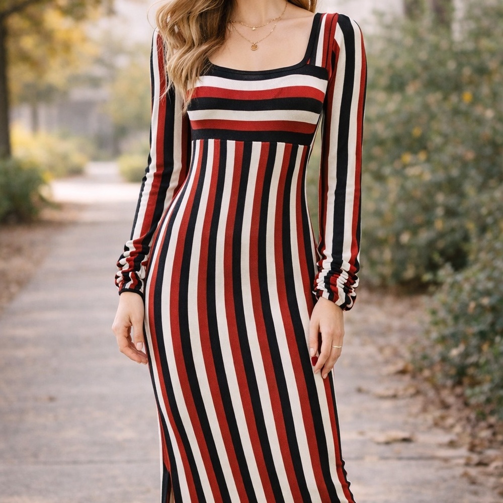 Anthropologie Striped Long Sleeve Dress in Black, Red, and Cream